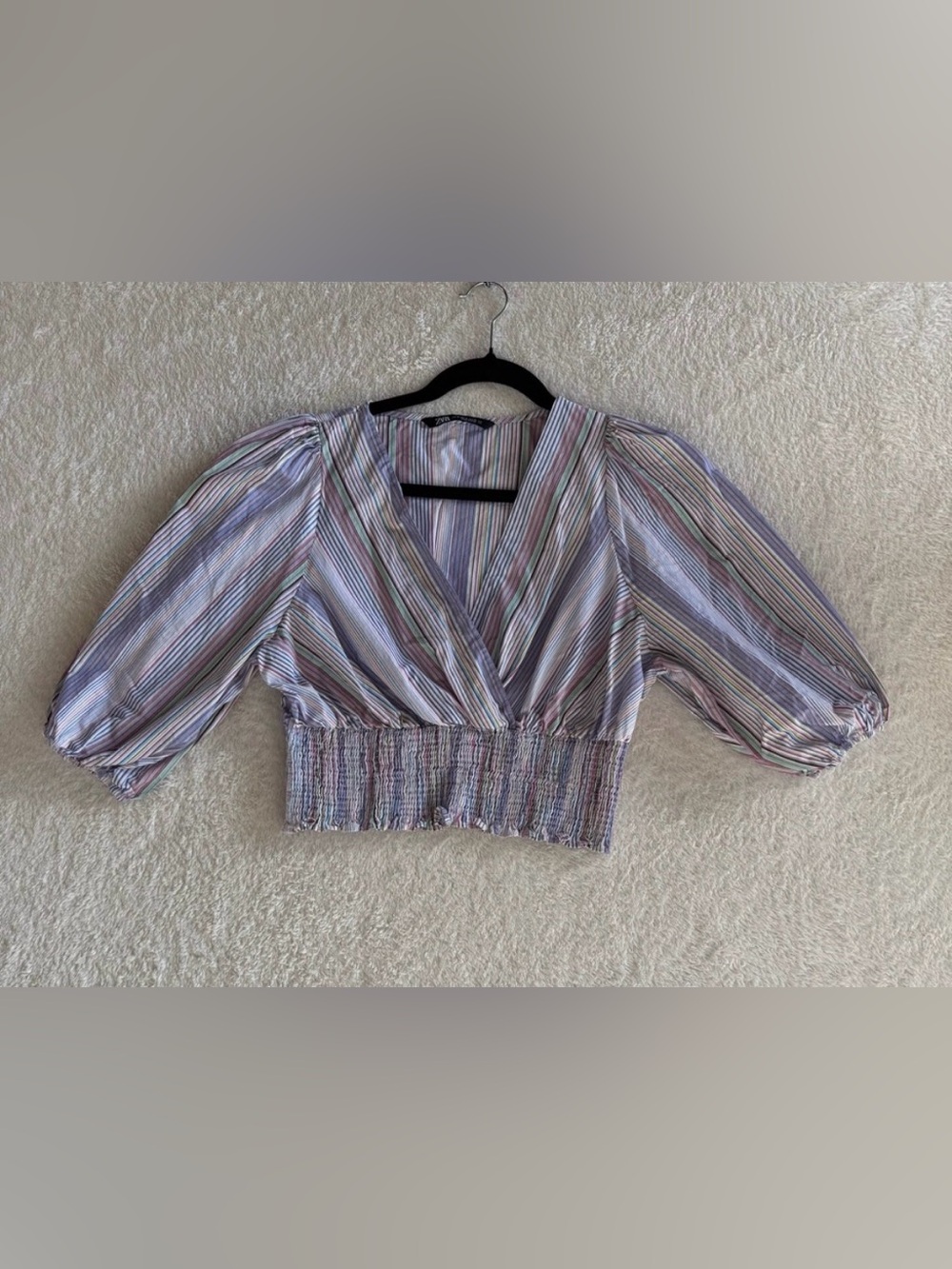 Zara Cropped Striped Puff Sleeves Top Size Medium Multicolor